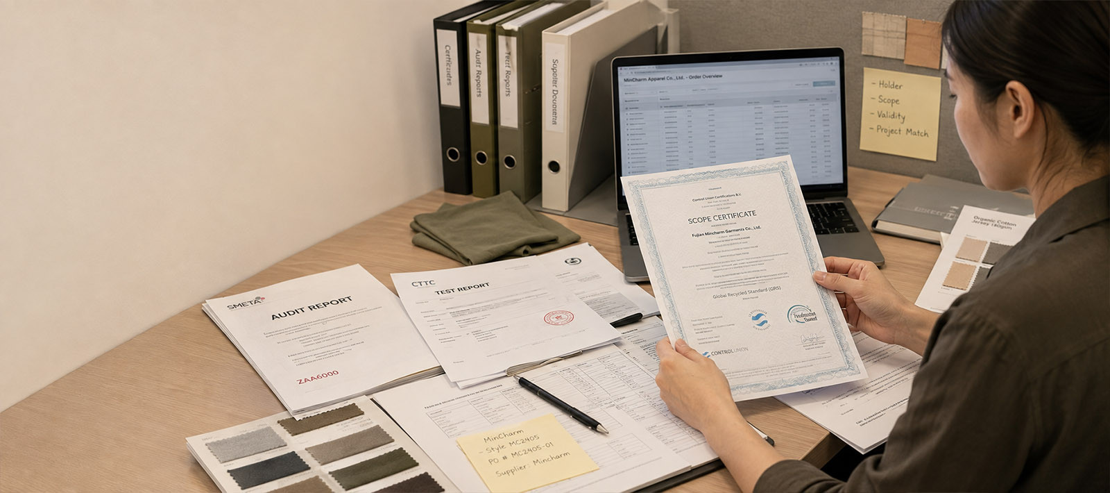 Apparel compliance documents and material samples reviewed for a manufacturing project