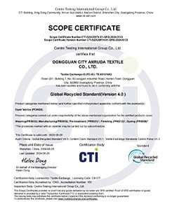 Global Recycled Standard scope certificate for an applicable textile supplier