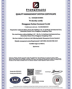 ISO 9001 quality management system certificate for an applicable apparel manufacturing facility