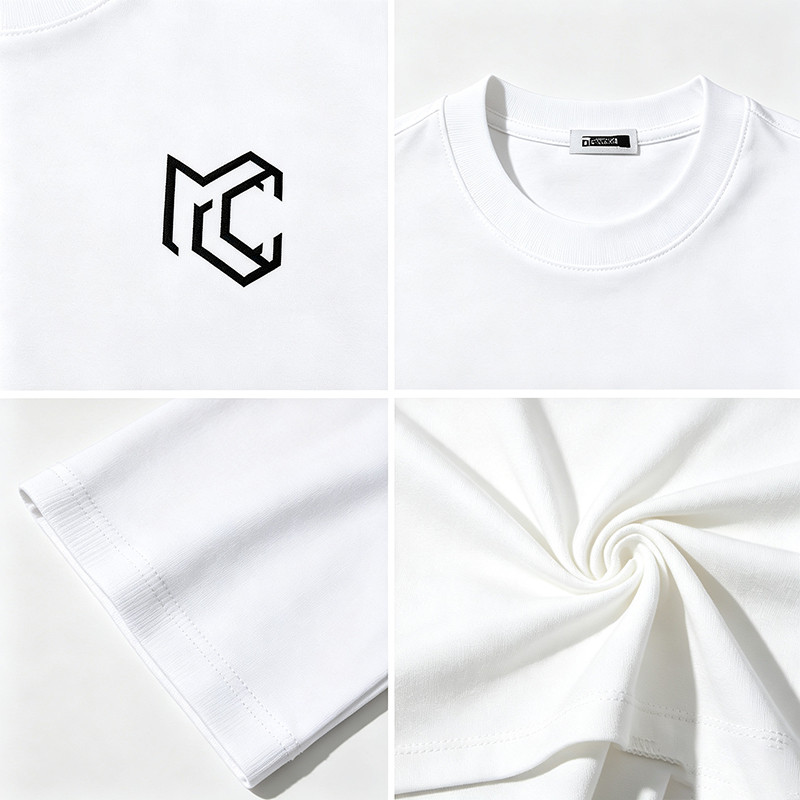 T-shirt detail close-up showing chest logo, neck label, cuff and fabric