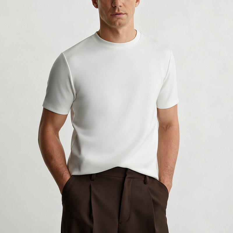 Men's white lightweight stretch polyester spandex T-shirt front view