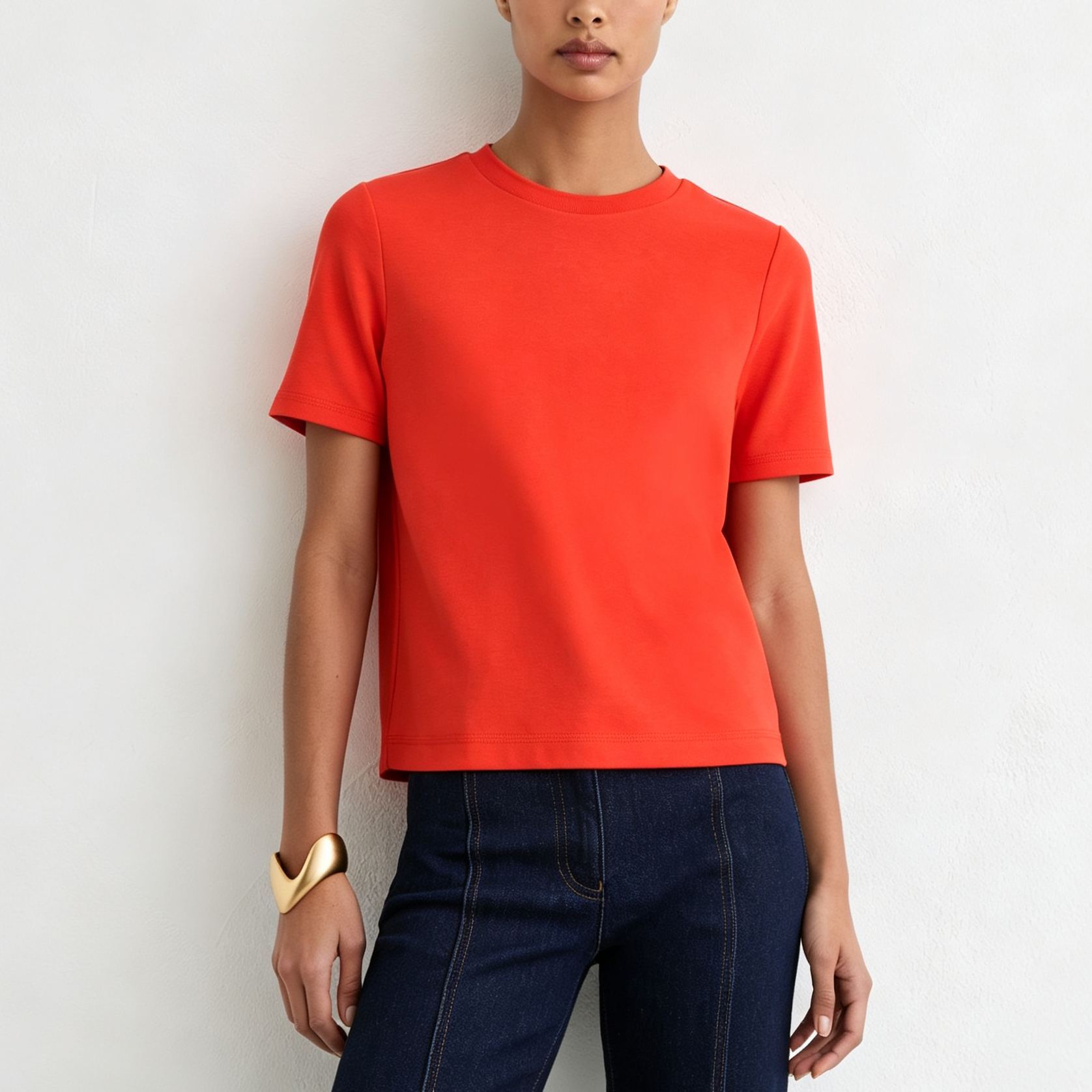 Red women’s stretch ribbed crew neck T-shirt