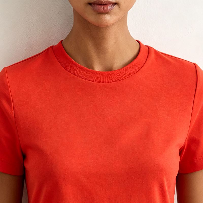Ribbed crew neckline of red women’s stretch T-shirt