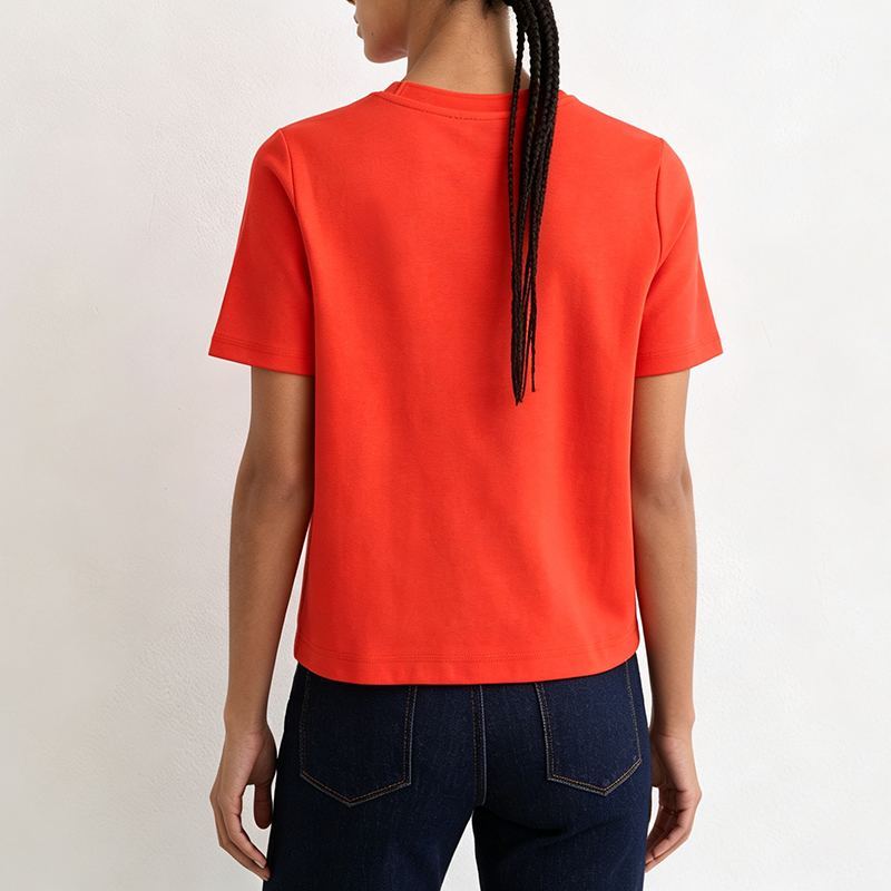 Back view of red women’s basic-fit stretch T-shirt