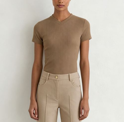 Private Label Women's Ribbed V-Neck Stretch T-Shirt for Casual & Activewear Brands