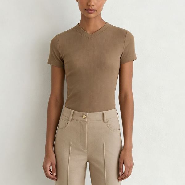 Private Label Women's Ribbed V-Neck Stretch T-Shirt for Casual & Activewear Brands