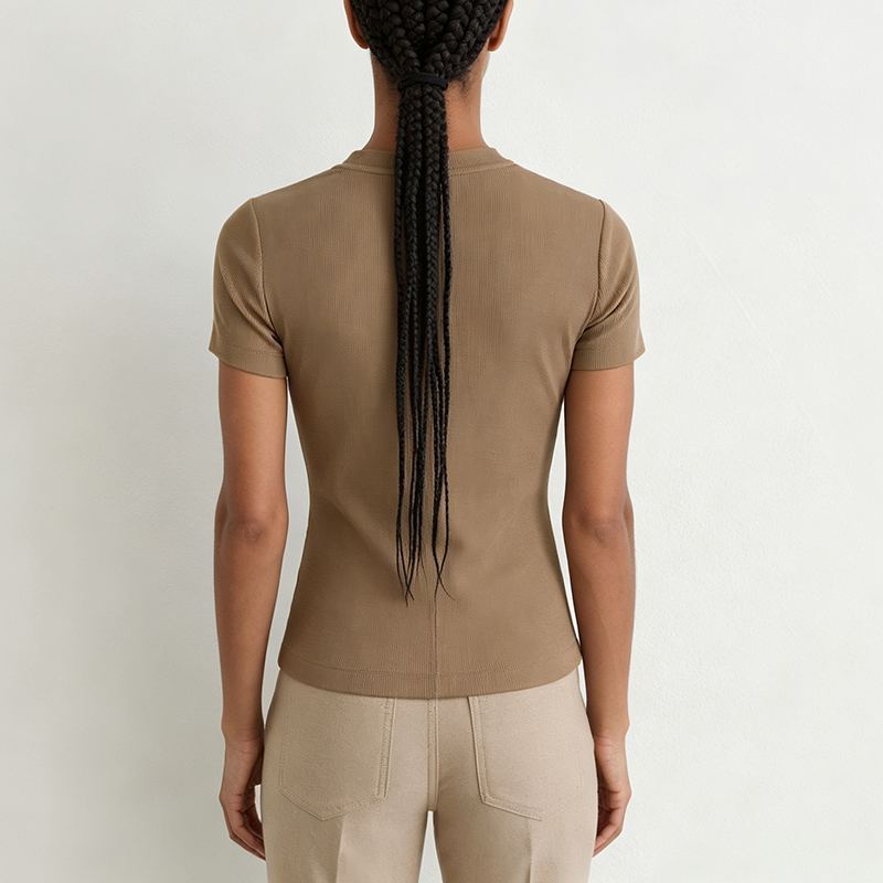 Back view of brown women’s ribbed V-neck stretch T-shirt