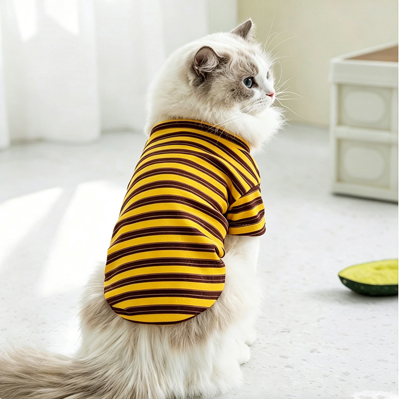Back view of yellow and brown striped pet T-shirt reference sample