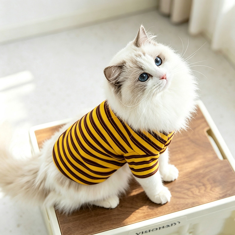 Yellow and brown striped pet T-shirt reference sample