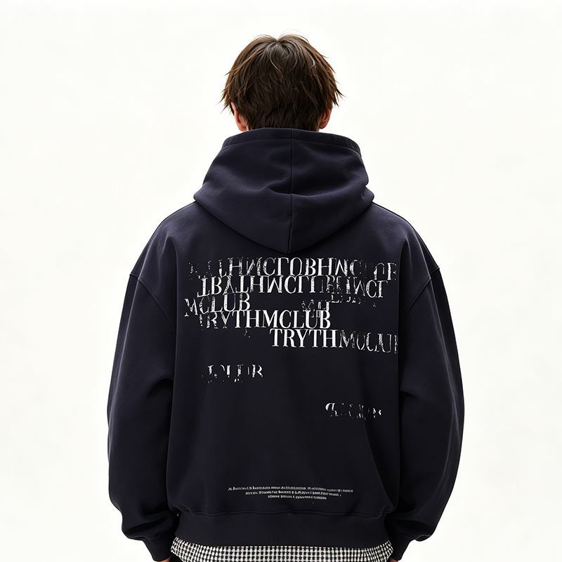 Back view of dark navy men's letter graphic pullover hoodie