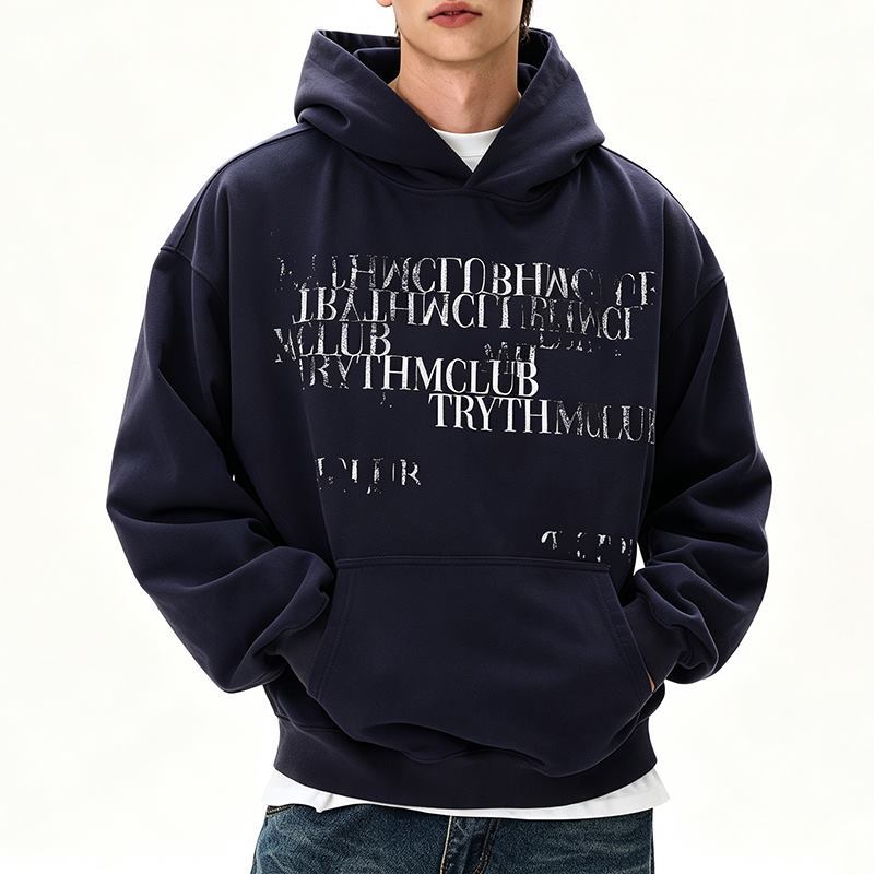 Dark navy men's letter graphic pullover hoodie with kangaroo pocket