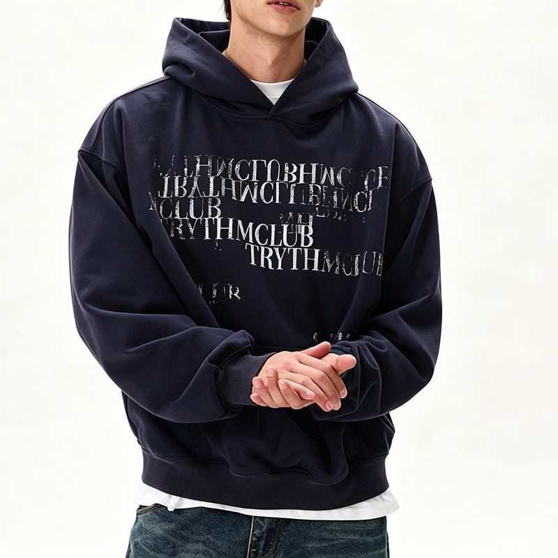 Men's dark navy graphic hoodie front view with drawstring hood