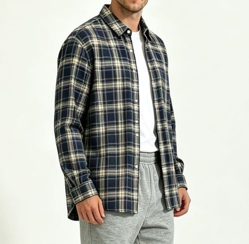 Custom Men's Navy Plaid Button-Up Shirt | OEM Shirt Manufacturer