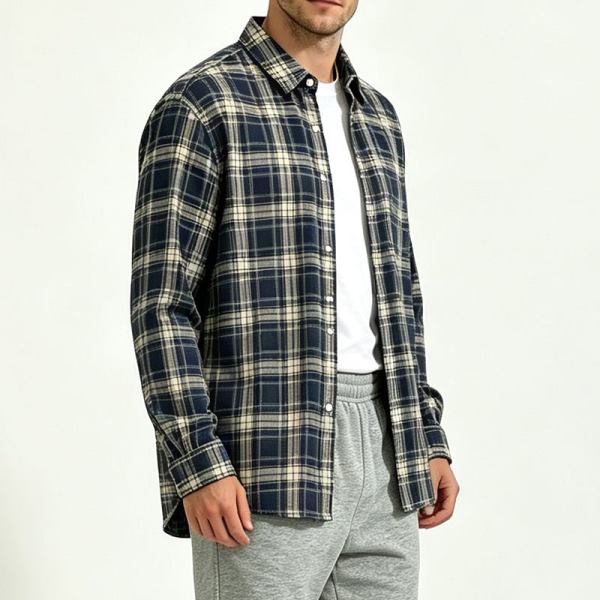 Custom Men's Navy Plaid Button-Up Shirt | OEM Shirt Manufacturer