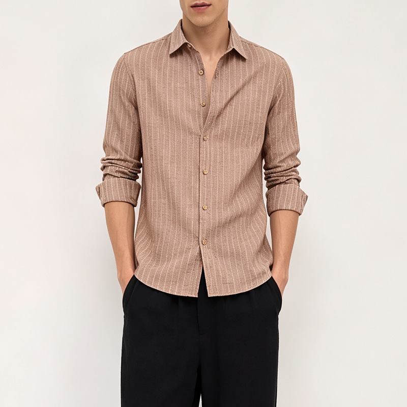 Men's fine stripe button-up shirt front view
