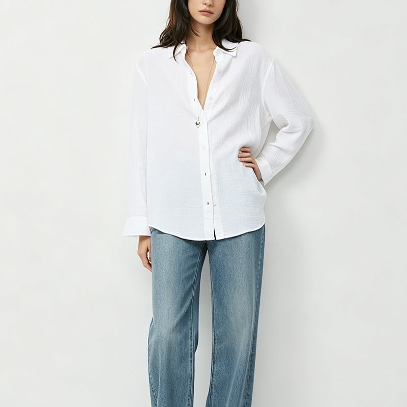 Women's white relaxed button-up shirt front view