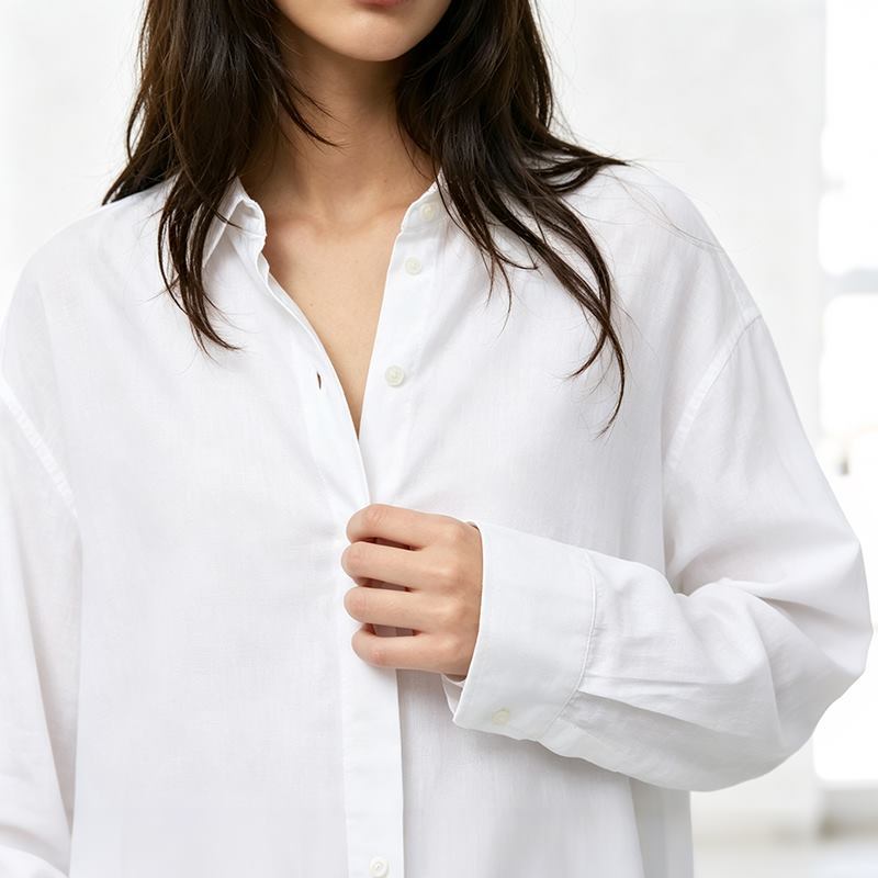 Close-up of white shirt collar, button placket and cuff