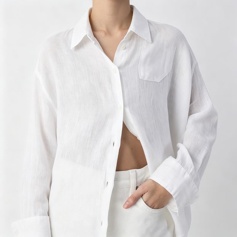 Close-up of women's white pocket shirt collar and patch pocket