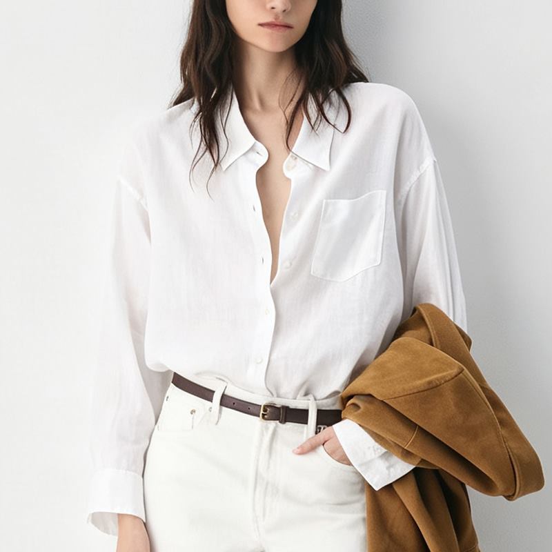 Women's white relaxed pocket shirt front view