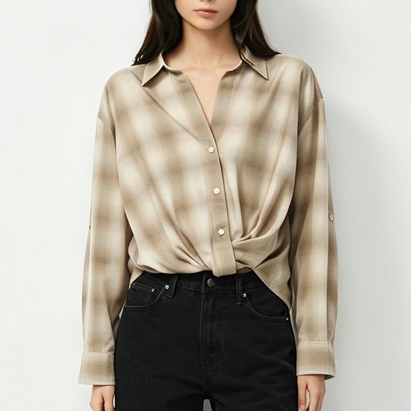 Women's beige vintage plaid roll-tab shirt front view
