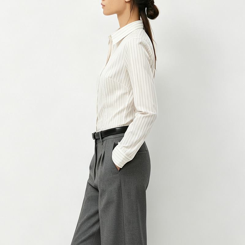 Side view of women's slim fit vertical pinstripe shirt