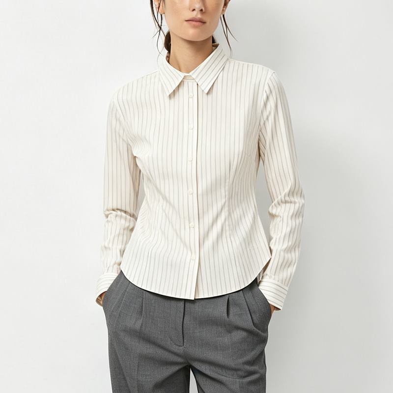 Women's slim fit white pinstripe shirt front view