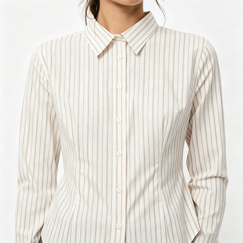 Close-up of women's white pinstripe shirt collar and button placket