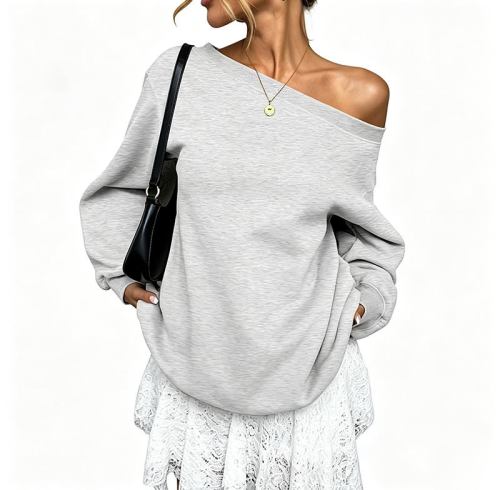 Custom Women's Grey Off-Shoulder Sweatshirt | OEM Sweatshirt Manufacturer