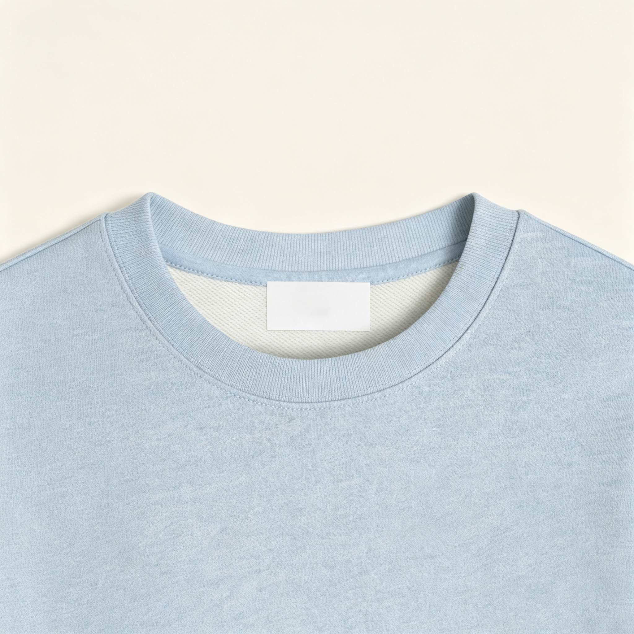 Detail of light blue unisex crew neck sweatshirt