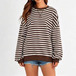 Custom Women's Brown Stripe Crew Neck Sweatshirt | OEM Striped Sweatshirt Supplier