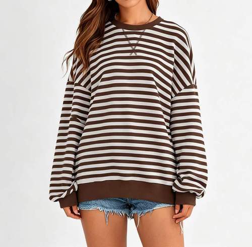 Custom Women's Brown Stripe Crew Neck Sweatshirt | OEM Striped Sweatshirt Supplier