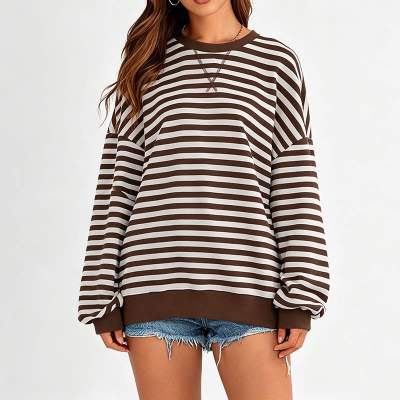 Custom Women's Brown Stripe Crew Neck Sweatshirt | OEM Striped Sweatshirt Supplier