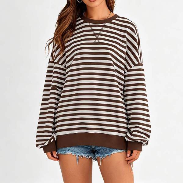 Custom Women's Brown Stripe Crew Neck Sweatshirt | OEM Striped Sweatshirt Supplier