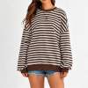 Custom Women's Brown Stripe Crew Neck Sweatshirt | OEM Striped Sweatshirt Supplier