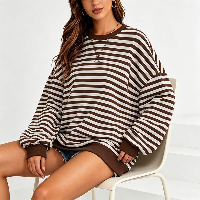 Front detail of a brown striped women's sweatshirt