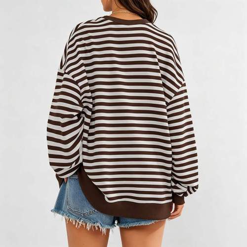 Custom Women's Brown Stripe Crew Neck Sweatshirt | OEM Striped Sweatshirt Supplier
