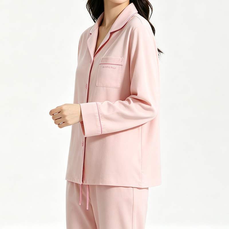 Pink notch collar pajama shirt with chest pocket and contrast piping