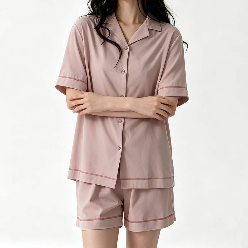 Detail of a dusty rose button-front pajama shirt with contrast piping