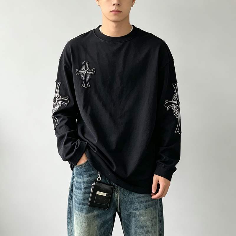 Men's black graphic crew neck streetwear sweatshirt front view