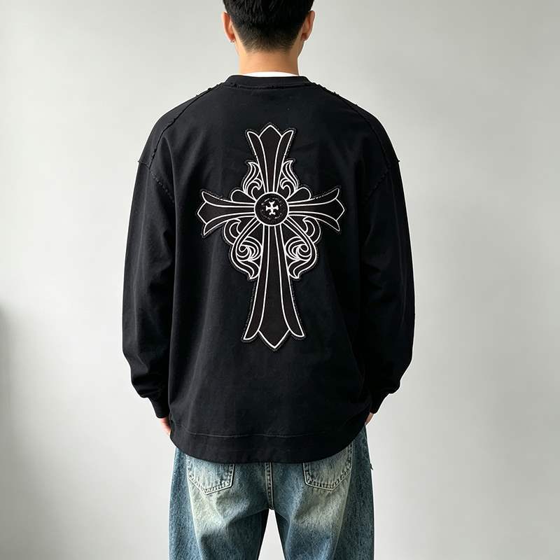 Back view of black graphic men's streetwear crew neck sweatshirt