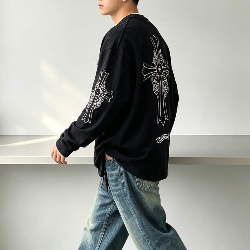 Side and back graphic placement on black streetwear crew neck sweatshirt
