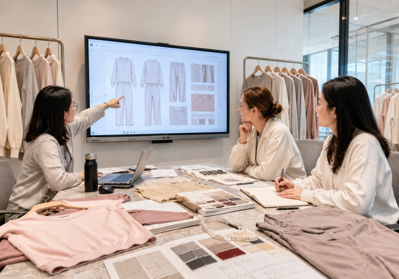 Loungewear product development meeting with garment sketches, fabric swatches and samples