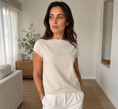 Woman wearing a relaxed cream loungewear top with light lounge pants