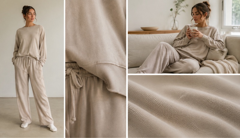 Neutral loungewear set showing relaxed fit, ribbed cuffs and knit fabric texture