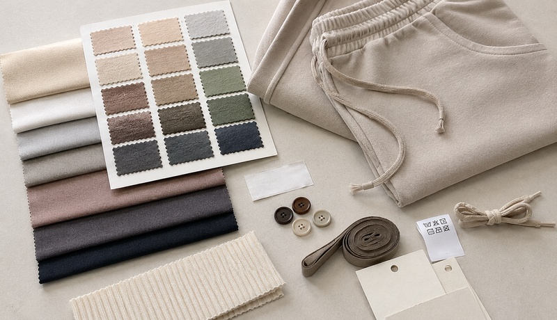 Loungewear fabric swatches with drawcords, buttons, rib trims and garment labels