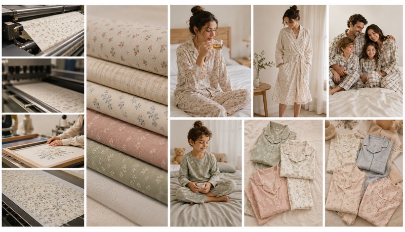 Floral fabric printing with coordinated sleepwear, robes and family pajama styles
