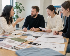 Apparel project discussion with style references, color cards and fabric swatches