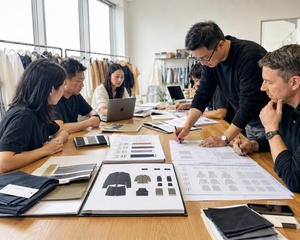 Loungewear project review with garment specifications, fabric books and style boards