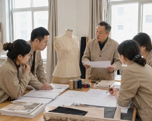Garment technicians reviewing patterns and construction details on a dress form