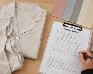 Loungewear sample quotation review with fabric color swatches and garment sample